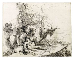 9 - Giambattista Tiepolo, Capriccio. Ninfa con satiro e due capre in un paesaggio, acquaforte- Vicenza, Musei Civici, Pinacoteca di Palazzo Chiericati